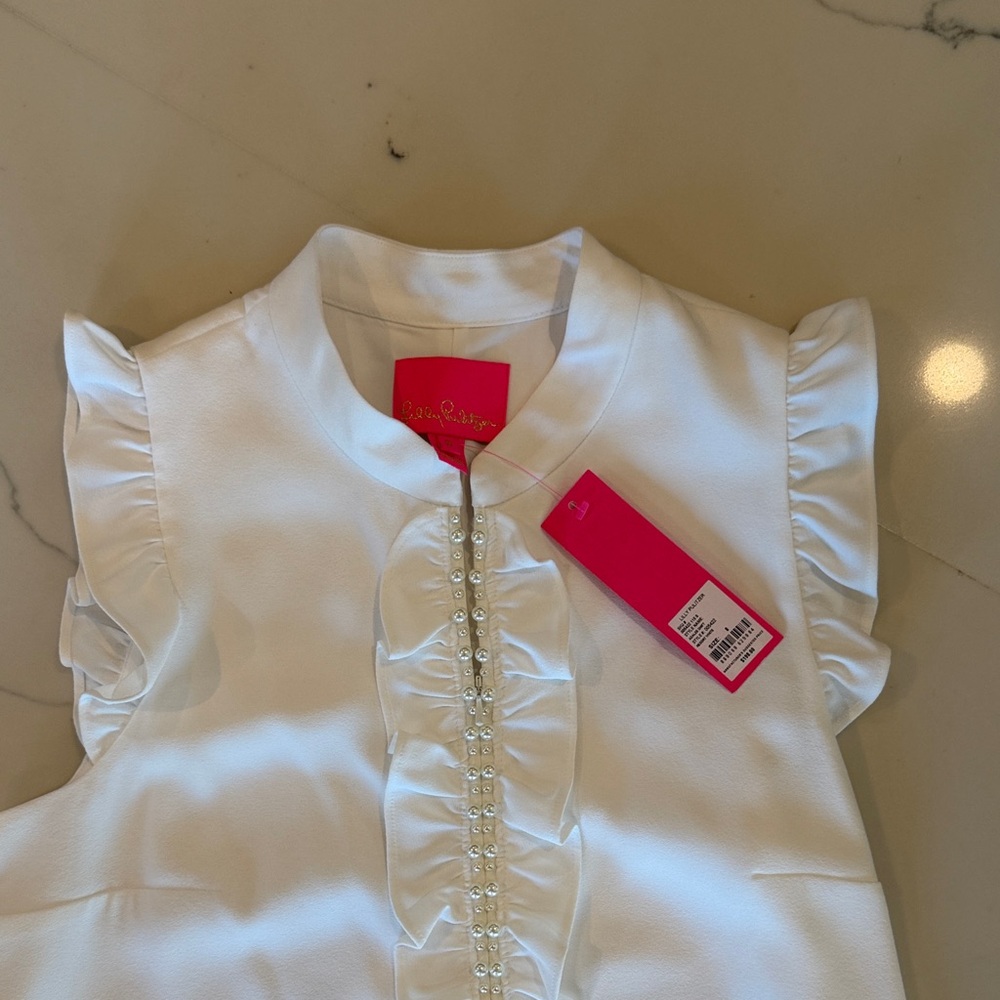 Lilly Pulitzer White Ruffle-Front Mini Dress with Pink Trim - Picture 4 of 6